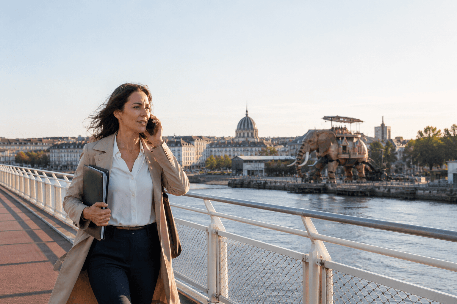 Femme en trench au téléphone, un ordinateur sous le bras, marchant sur un pont à Nantes face aux Machines de l’île